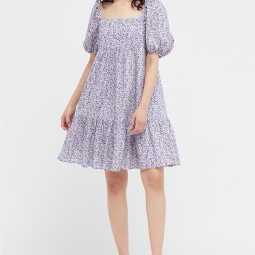 Uniqlo Women Floral Puff Sleeve Dress - Blue and Pink